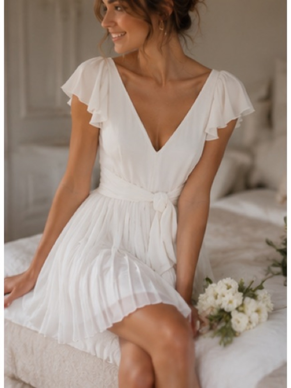 cinq a sept White Pleated Mini Dress with Tie Waist - Picture 10 of 10